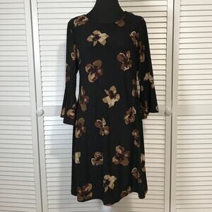Tommy Hilfiger Retro Black Floral Jersey Bell Sleeve A-line Dress Women 8